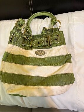J&R Green and White Striped Leather Shoulder Bag